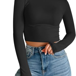 Trendy Queen Womens Long Sleeve Crop Tops Basic Slim Fitted Shirts Fashion 2025 Going Out Y2k Tops Teen Girl Clothes