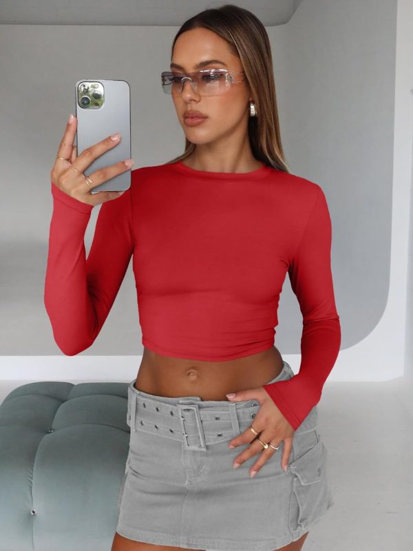 Trendy Queen Womens Long Sleeve Crop Tops Basic Slim Fitted Shirts Fashion 2025 Going Out Y2k Tops Teen Girl Clothes - Image 56