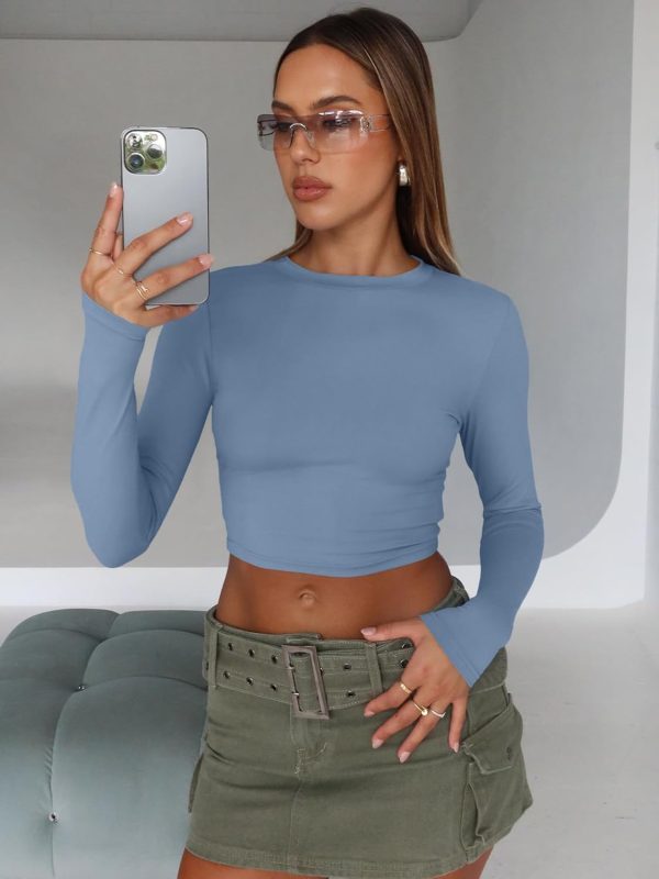 Trendy Queen Womens Long Sleeve Crop Tops Basic Slim Fitted Shirts Fashion 2025 Going Out Y2k Tops Teen Girl Clothes - Image 71