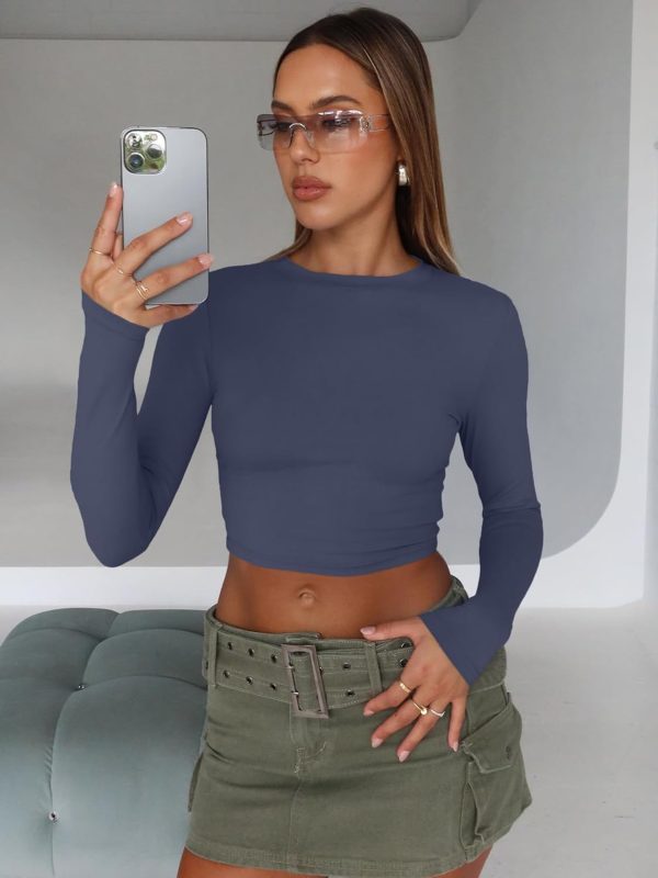 Trendy Queen Womens Long Sleeve Crop Tops Basic Slim Fitted Shirts Fashion 2025 Going Out Y2k Tops Teen Girl Clothes - Image 76