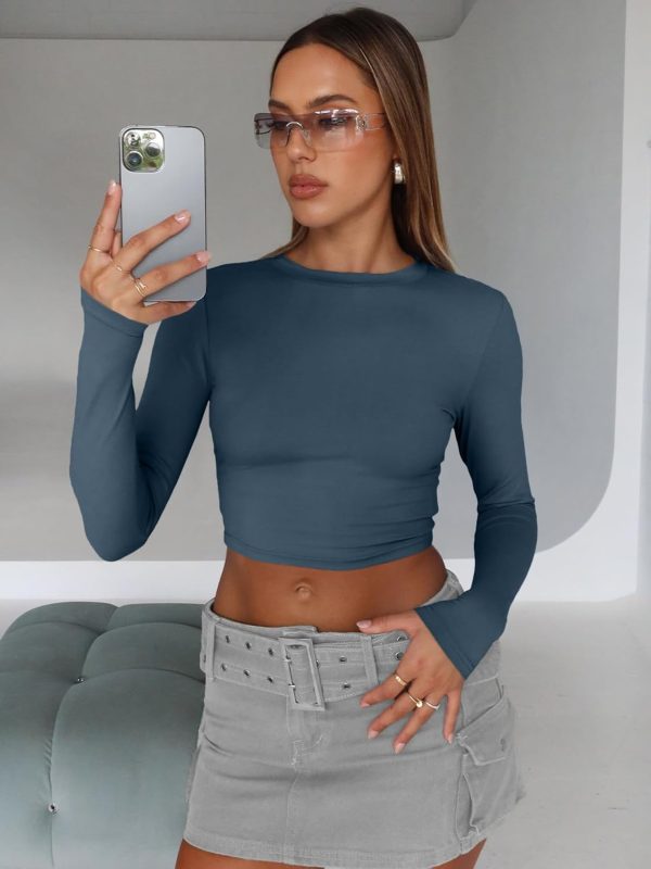Trendy Queen Womens Long Sleeve Crop Tops Basic Slim Fitted Shirts Fashion 2025 Going Out Y2k Tops Teen Girl Clothes - Image 86