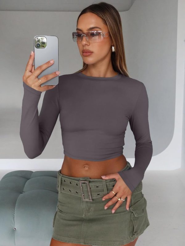 Trendy Queen Womens Long Sleeve Crop Tops Basic Slim Fitted Shirts Fashion 2025 Going Out Y2k Tops Teen Girl Clothes - Image 111