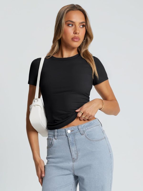 Trendy Queen Womens Basic T Shirts Summer Tops 2025 Crop Short Sleeve Slim Fit Tee Cute Gym Workout Clothes - Image 37