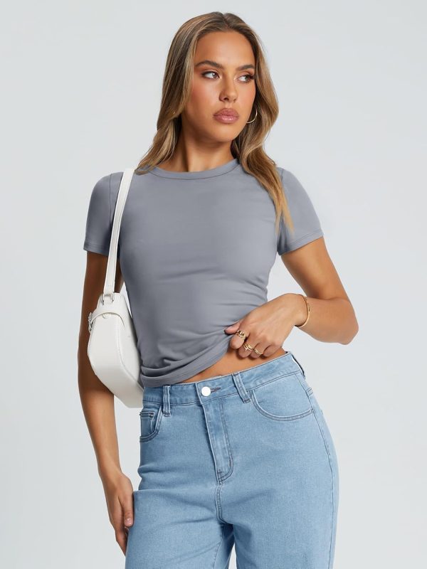 Trendy Queen Womens Basic T Shirts Summer Tops 2025 Crop Short Sleeve Slim Fit Tee Cute Gym Workout Clothes - Image 49