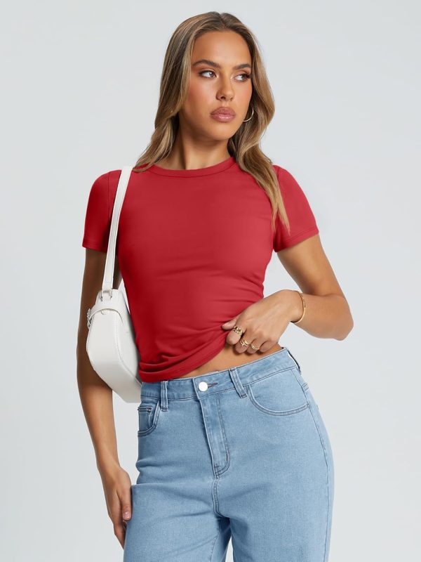Trendy Queen Womens Basic T Shirts Summer Tops 2025 Crop Short Sleeve Slim Fit Tee Cute Gym Workout Clothes - Image 64