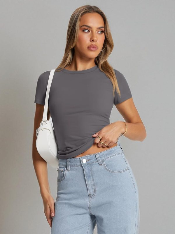 Trendy Queen Womens Basic T Shirts Summer Tops 2025 Crop Short Sleeve Slim Fit Tee Cute Gym Workout Clothes - Image 76