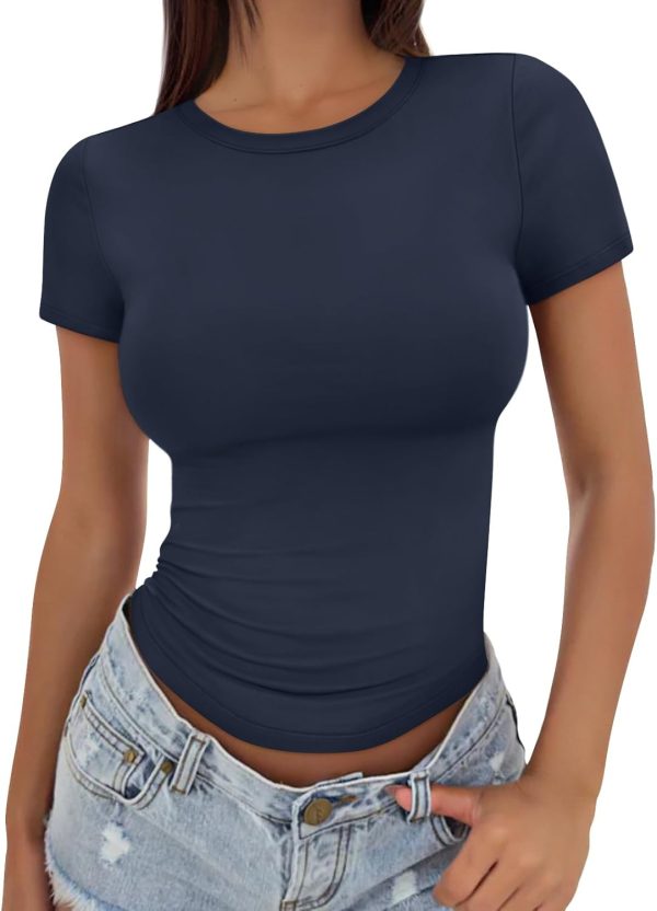 Trendy Queen Womens Basic T Shirts Summer Tops 2025 Crop Short Sleeve Slim Fit Tee Cute Gym Workout Clothes - Image 77