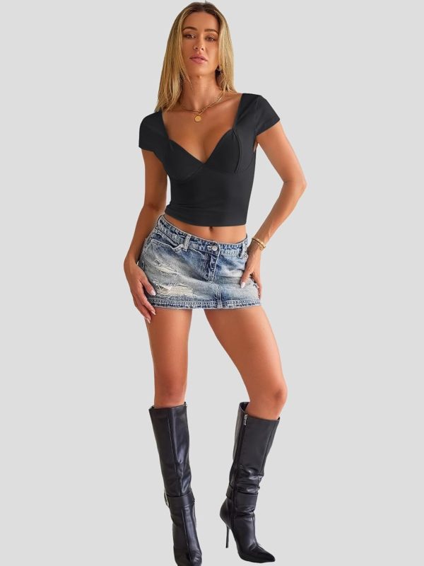 Trendy Queen Womens Summer V-Neck Backless Cute Tops Short Sleeve Sexy Slim Fit T-Shirts Y2K Clothes Corset Cami 2025 - Image 6