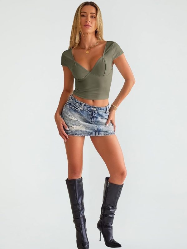 Trendy Queen Womens Summer V-Neck Backless Cute Tops Short Sleeve Sexy Slim Fit T-Shirts Y2K Clothes Corset Cami 2025 - Image 18