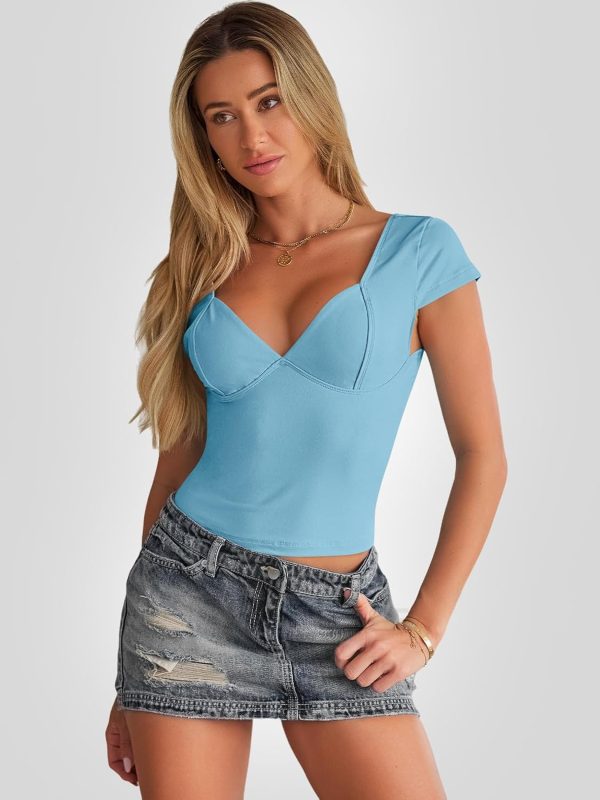 Trendy Queen Womens Summer V-Neck Backless Cute Tops Short Sleeve Sexy Slim Fit T-Shirts Y2K Clothes Corset Cami 2025 - Image 34