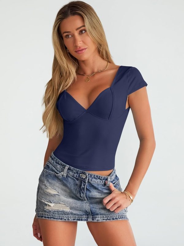 Trendy Queen Womens Summer V-Neck Backless Cute Tops Short Sleeve Sexy Slim Fit T-Shirts Y2K Clothes Corset Cami 2025 - Image 52