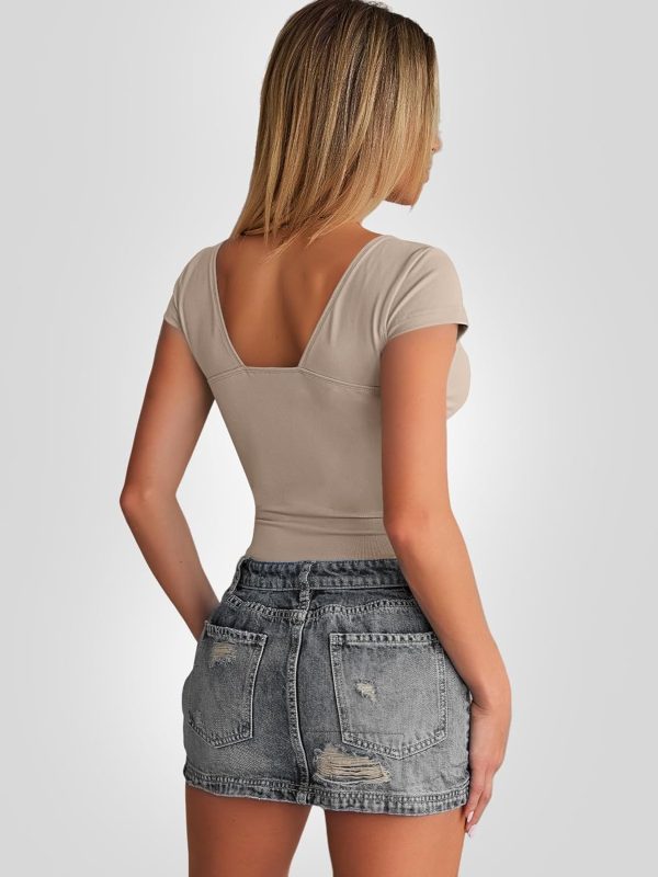 Trendy Queen Womens Summer V-Neck Backless Cute Tops Short Sleeve Sexy Slim Fit T-Shirts Y2K Clothes Corset Cami 2025 - Image 79